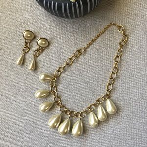 Vintage Faux Pearl & Gold Tone Necklace & Earrings